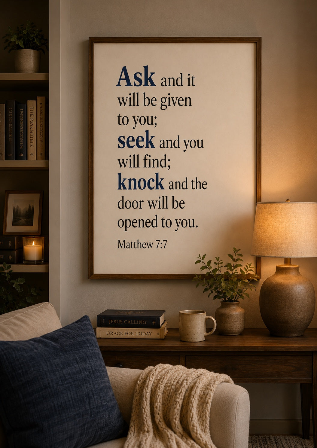 Matthew 7:7 Ask Seek Knock Wall Art Print – Christian Bible Verse Scripture Decor