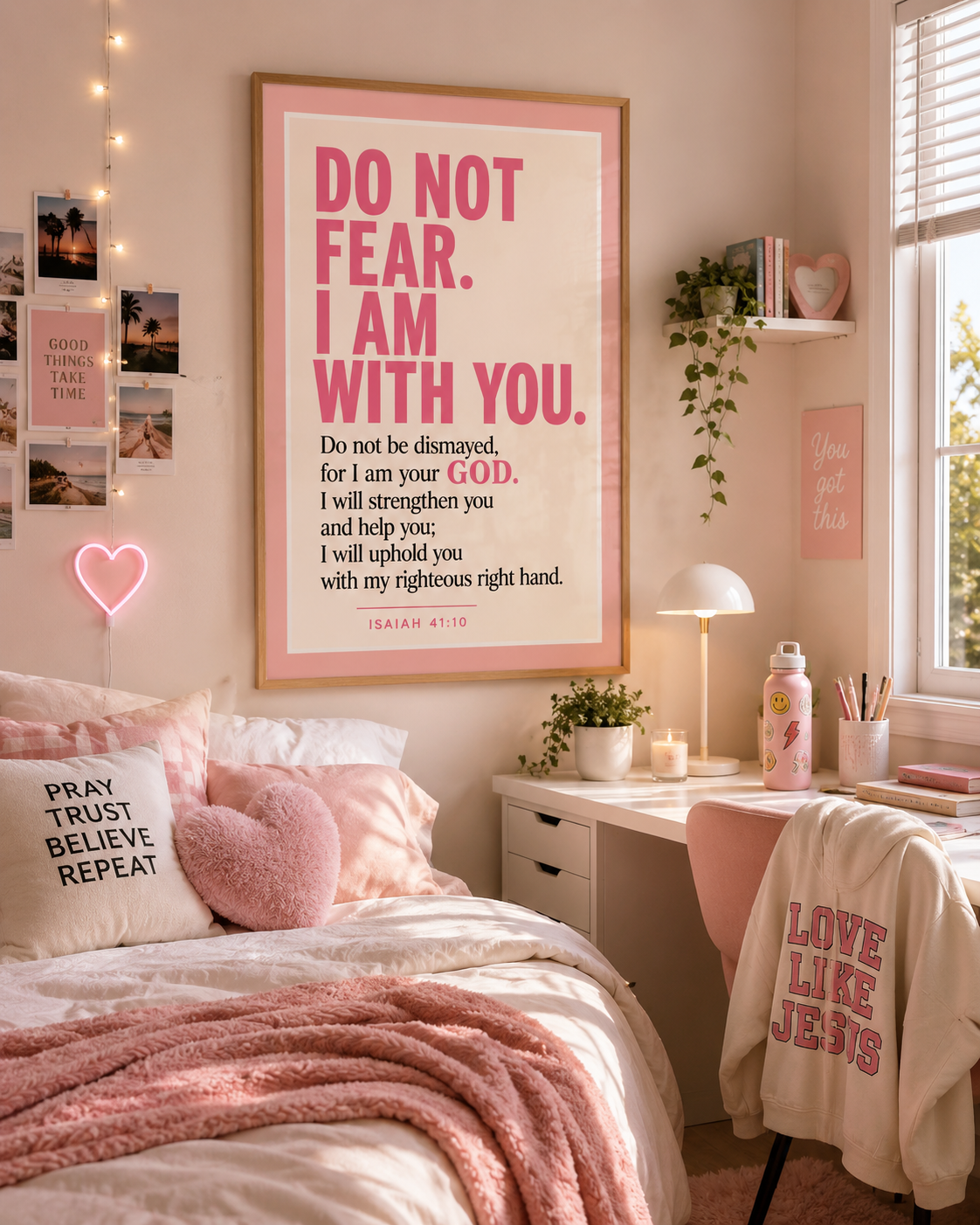 Isaiah 41:10 Christian Wall Art – Do Not Fear I Am With You – Pink Bible Verse Print – Christian Teen Girl Bedroom Decor