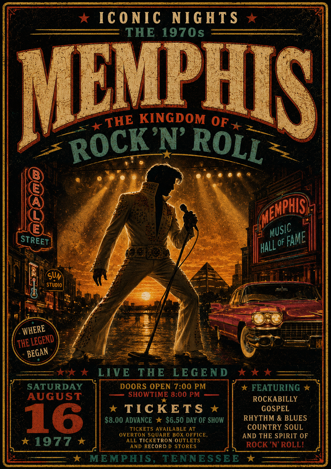 Memphis Rock ’n’ Roll Poster – Iconic Nights 1970s Vintage Music Wall Art