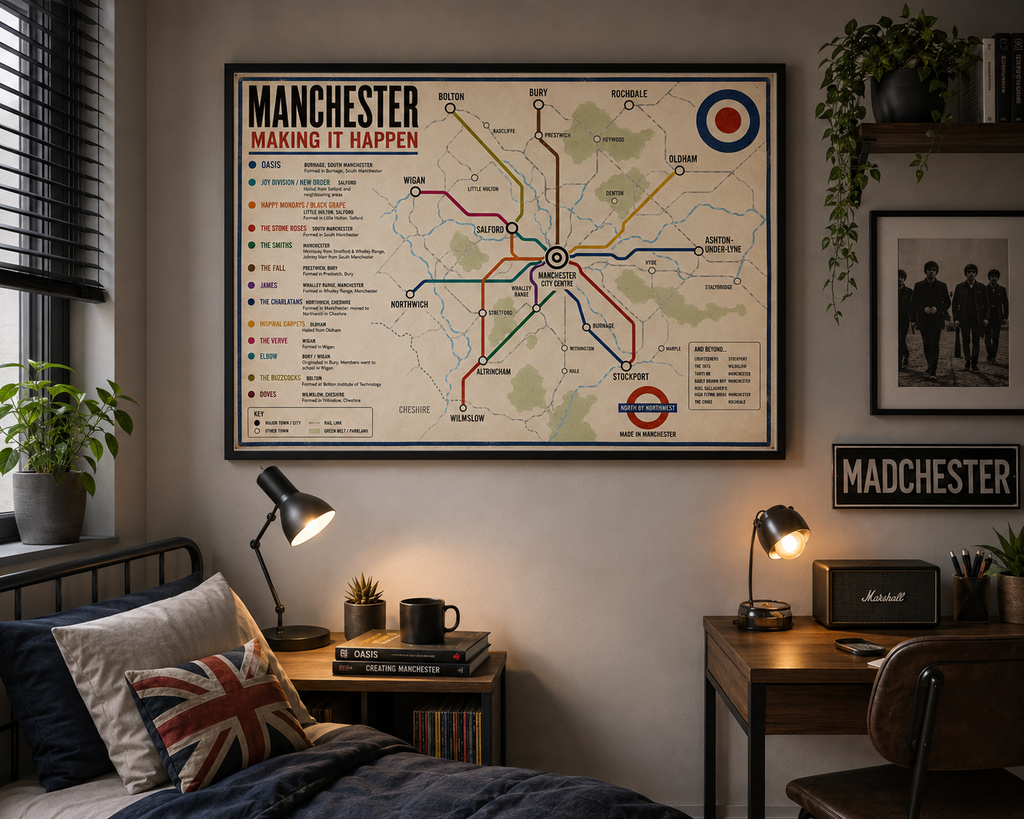 Manchester Music Map Print – Made in Manchester Indie, Britpop & Madchester Wall Art