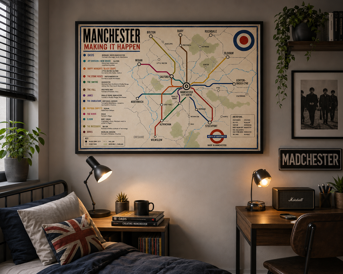 Manchester Music Map Print – Made in Manchester Indie, Britpop & Madchester Wall Art