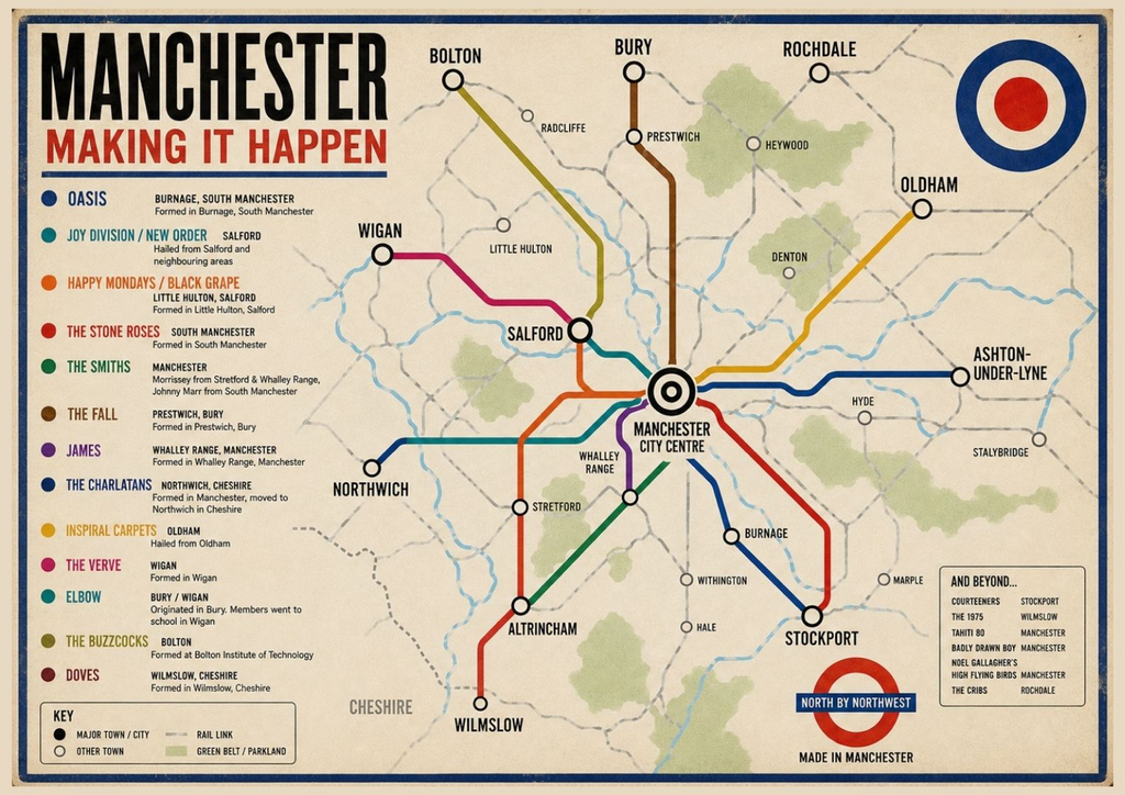 Manchester Music Map Print – Made in Manchester Indie, Britpop & Madchester Wall Art