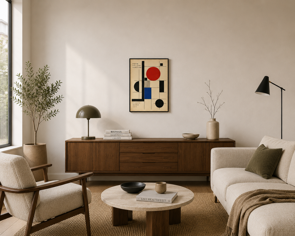 Form Follows Function Bauhaus Wall Art – Geometric Modernist Poster – Red Blue & Black Abstract Print