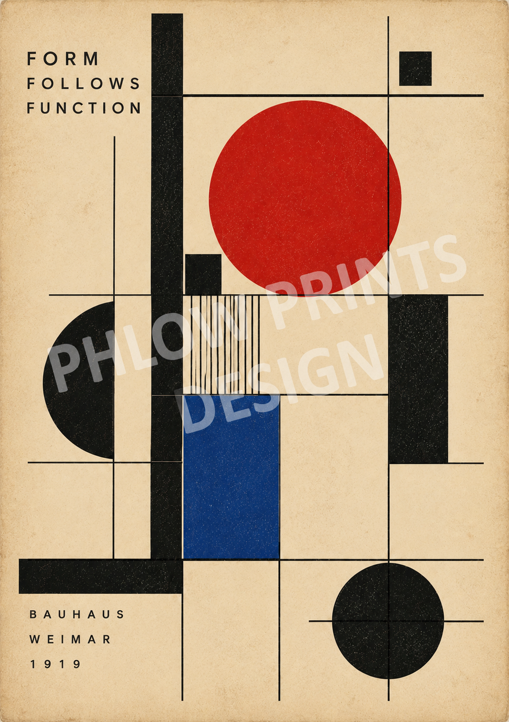 Form Follows Function Bauhaus Wall Art – Geometric Modernist Poster – Red Blue & Black Abstract Print