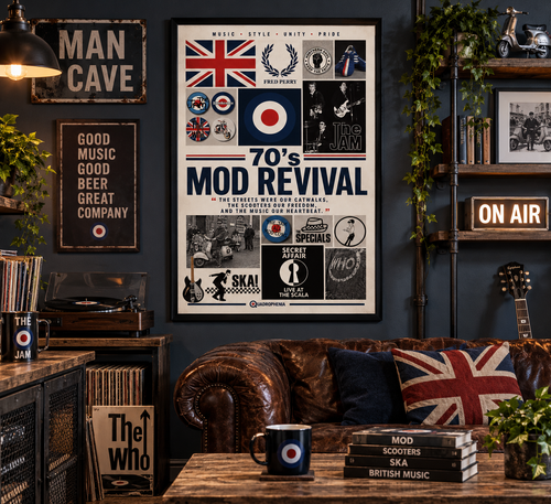 70s Mod Revival Wall Art Print | British Mod Culture Poster | Scooter, Ska & Music Collage | Retro UK Music Decor