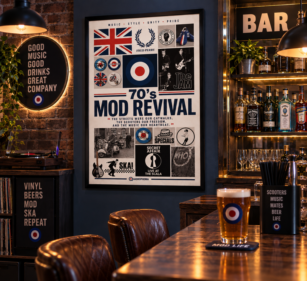 70s Mod Revival Wall Art Print | British Mod Culture Poster | Scooter, Ska & Music Collage | Retro UK Music Decor