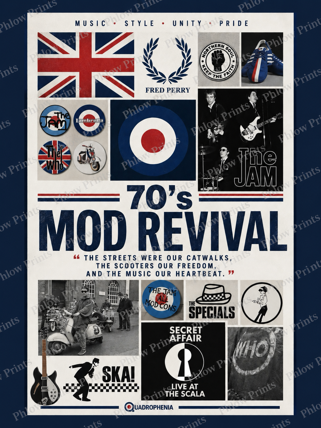 70s Mod Revival Wall Art Print | British Mod Culture Poster | Scooter, Ska & Music Collage | Retro UK Music Decor