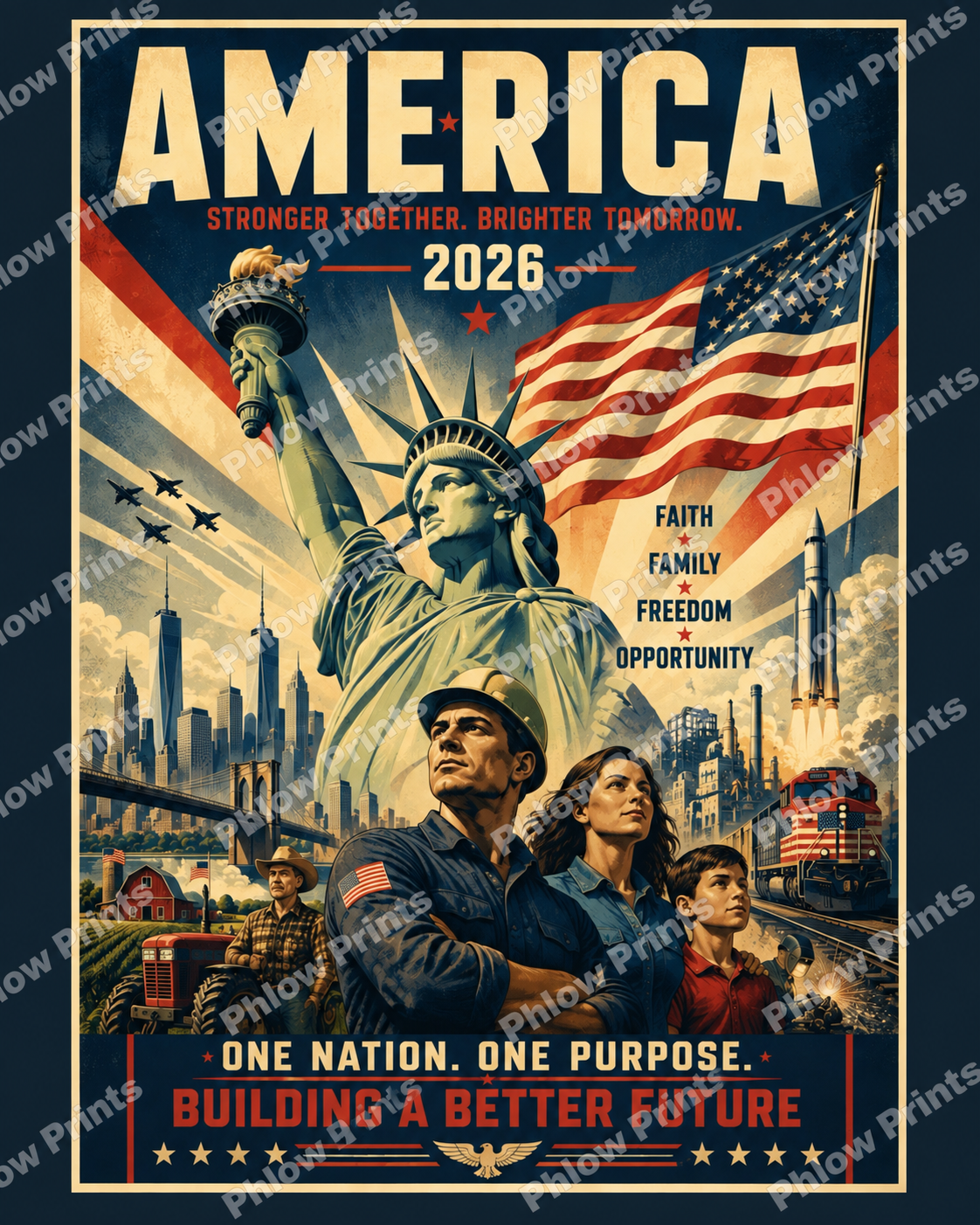 America 2026 Patriotic Wall Art – Stronger Together, Brighter Tomorrow – Vintage USA Poster