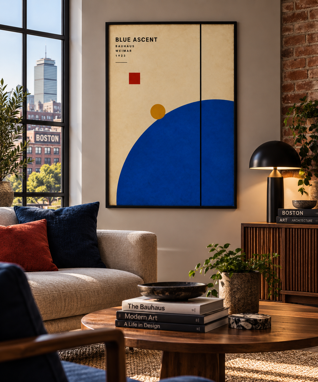 Blue Ascent Abstract Wall Art – Bauhaus Geometric Print – Cobalt Blue Mid Century Modern Poster
