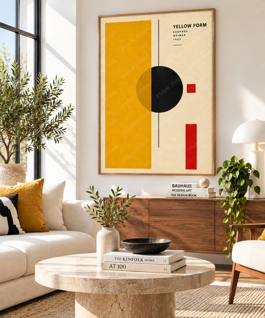 Yellow Form Bauhaus Wall Art – Mustard Abstract Geometric Print – Mid Century Modern Poster
