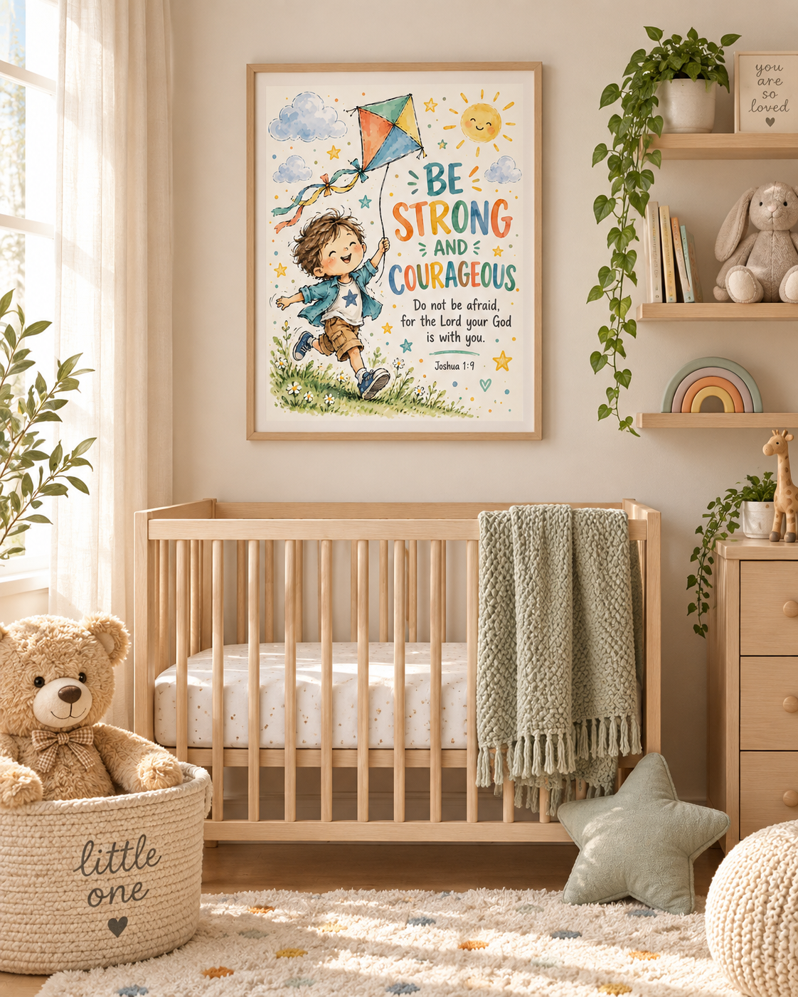 Joshua 1:9 Kids Bible Verse Wall Art – Be Strong and Courageous Christian Nursery Print