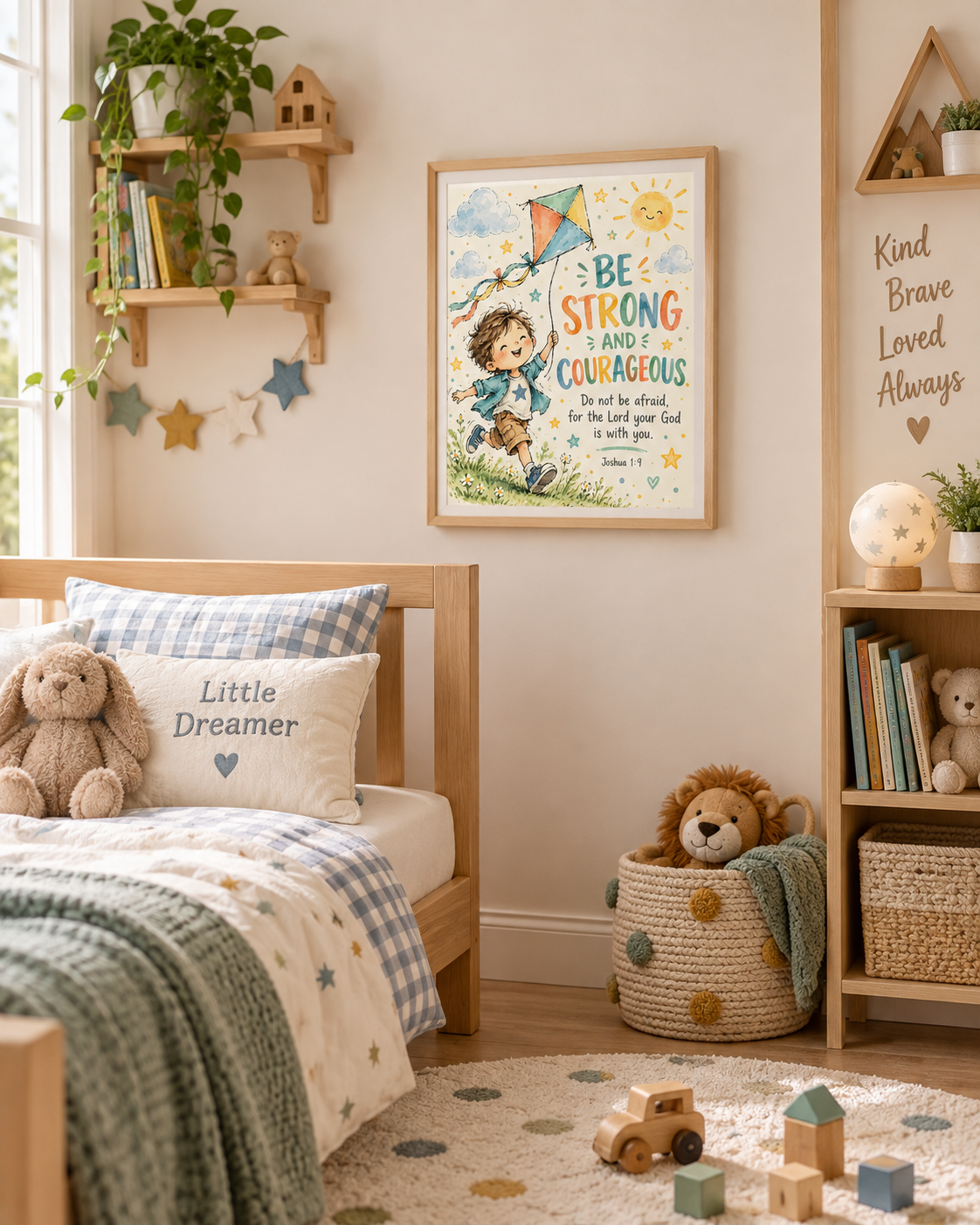 Joshua 1:9 Kids Bible Verse Wall Art – Be Strong and Courageous Christian Nursery Print
