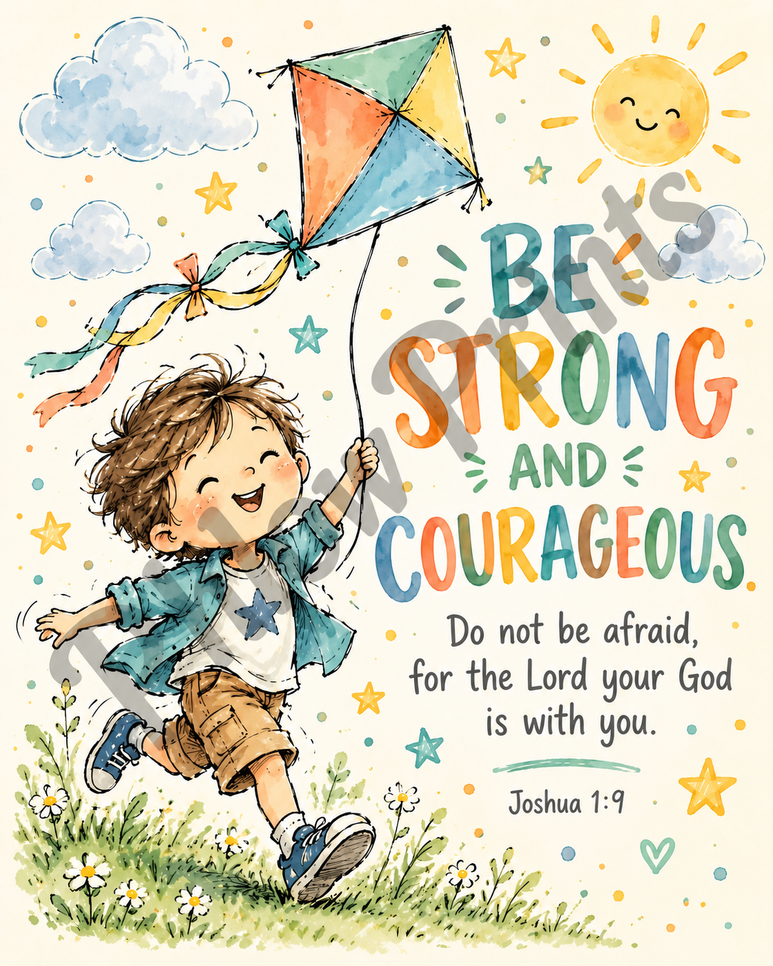Joshua 1:9 Kids Bible Verse Wall Art – Be Strong and Courageous Christian Nursery Print