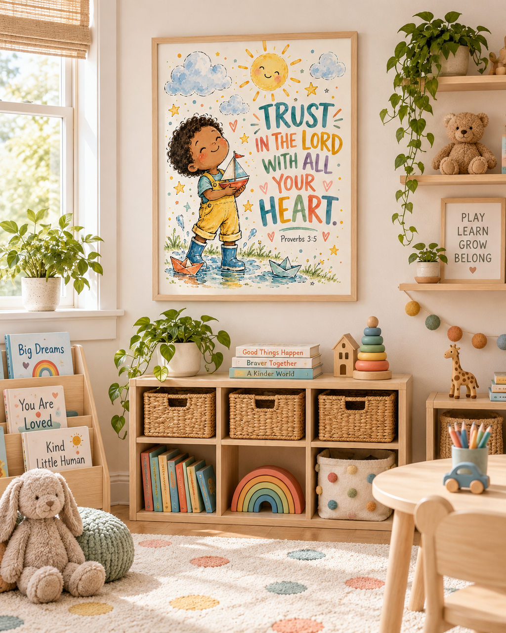 Proverbs 3:5 Kids Bible Verse Wall Art – Trust in the Lord Christian Nursery Print