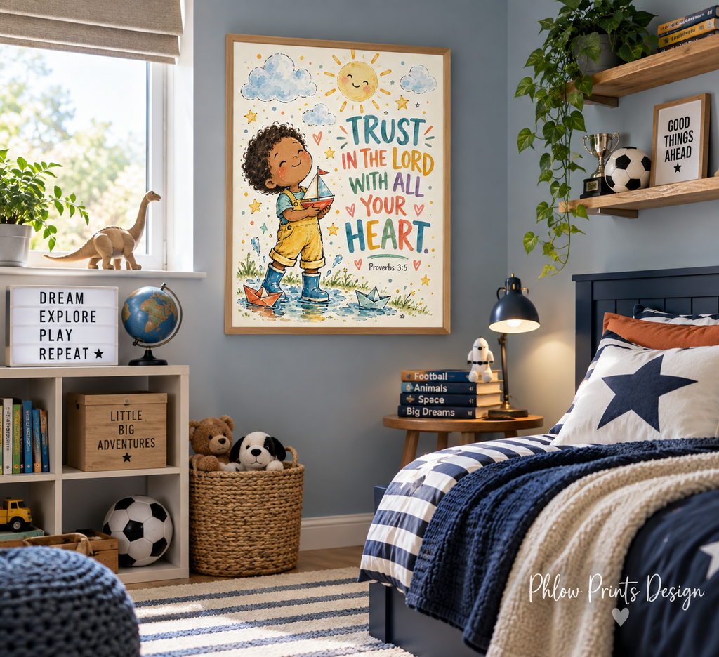 Proverbs 3:5 Kids Bible Verse Wall Art – Trust in the Lord Christian Nursery Print