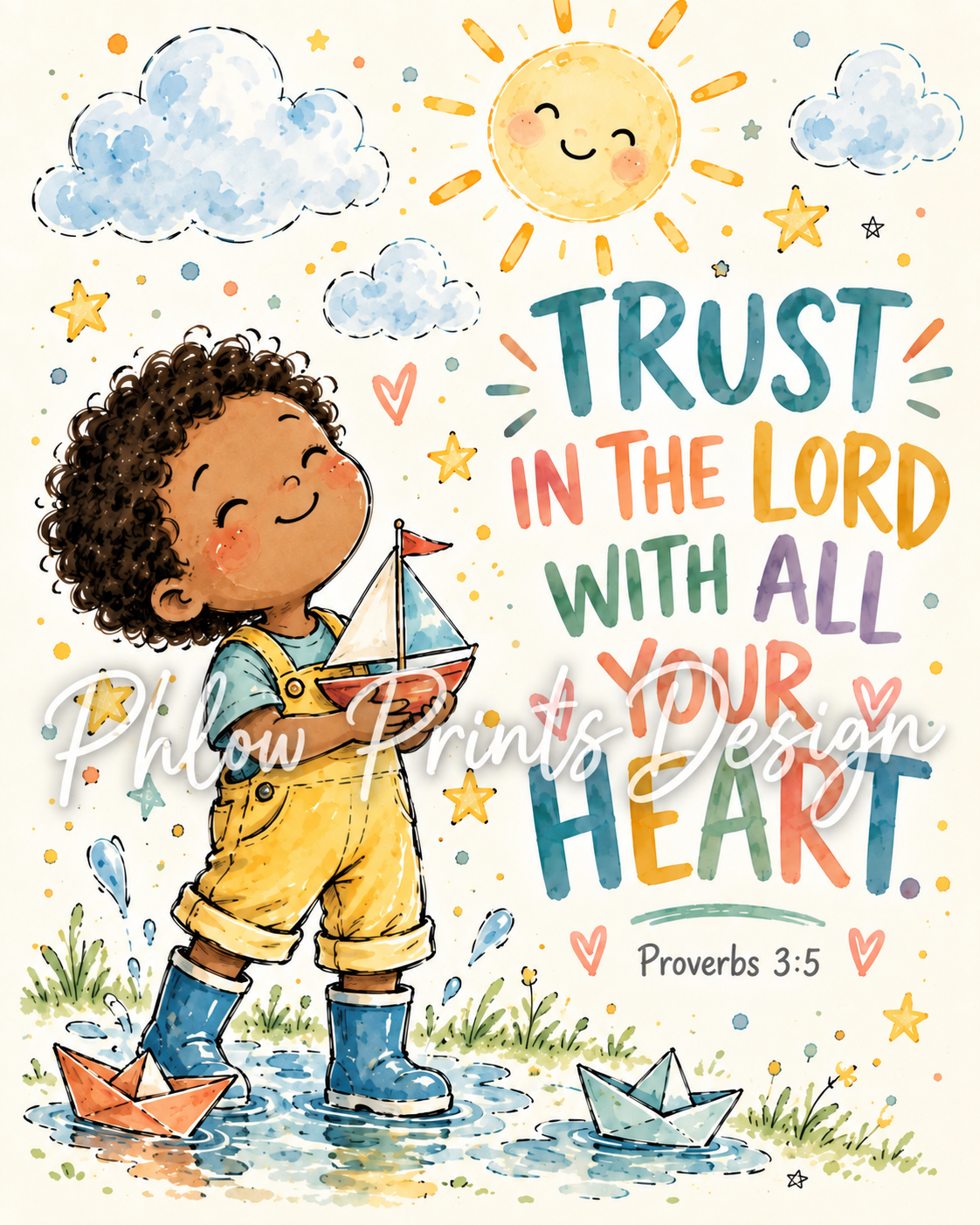 Proverbs 3:5 Kids Bible Verse Wall Art – Trust in the Lord Christian Nursery Print