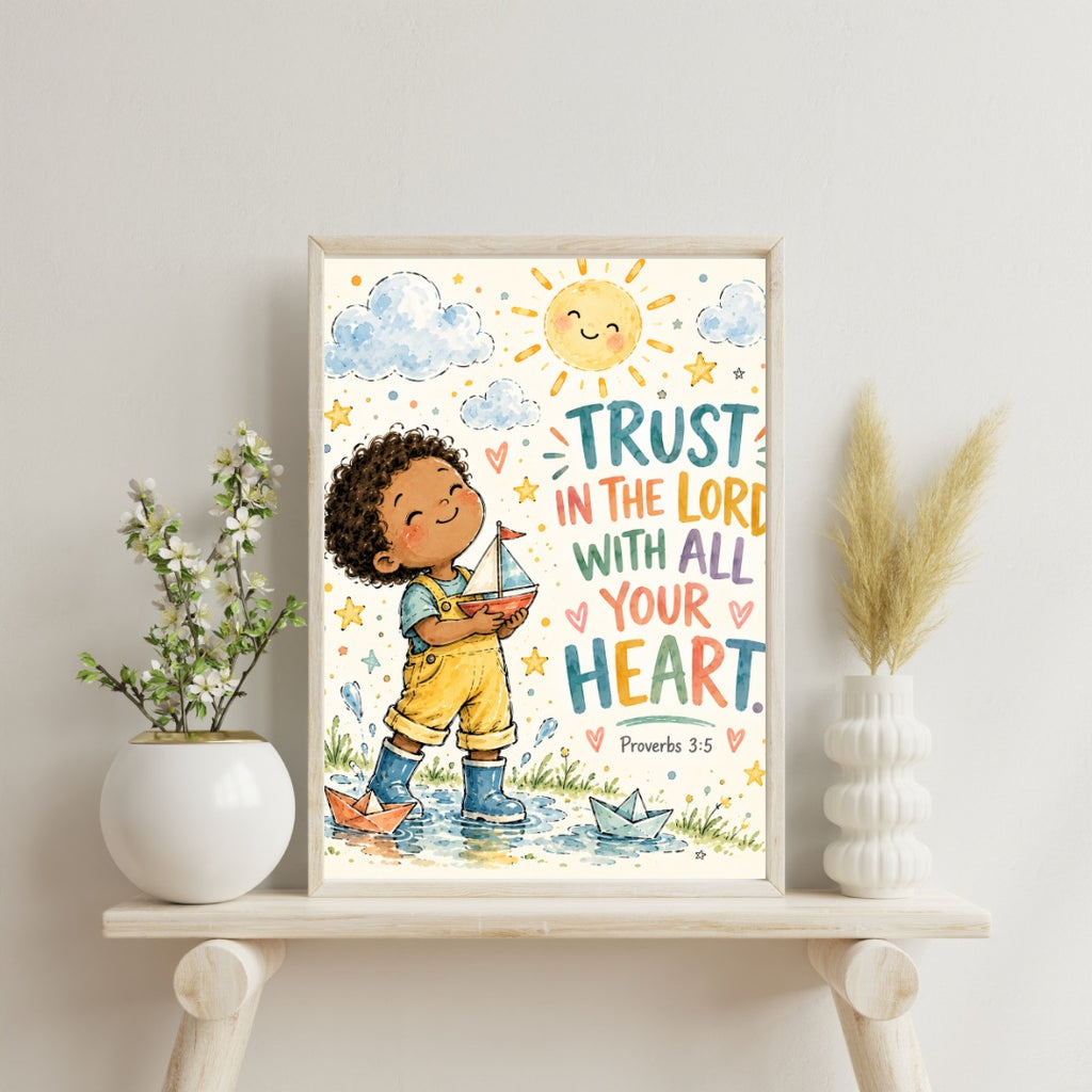 Proverbs 3:5 Kids Bible Verse Wall Art – Trust in the Lord Christian Nursery Print