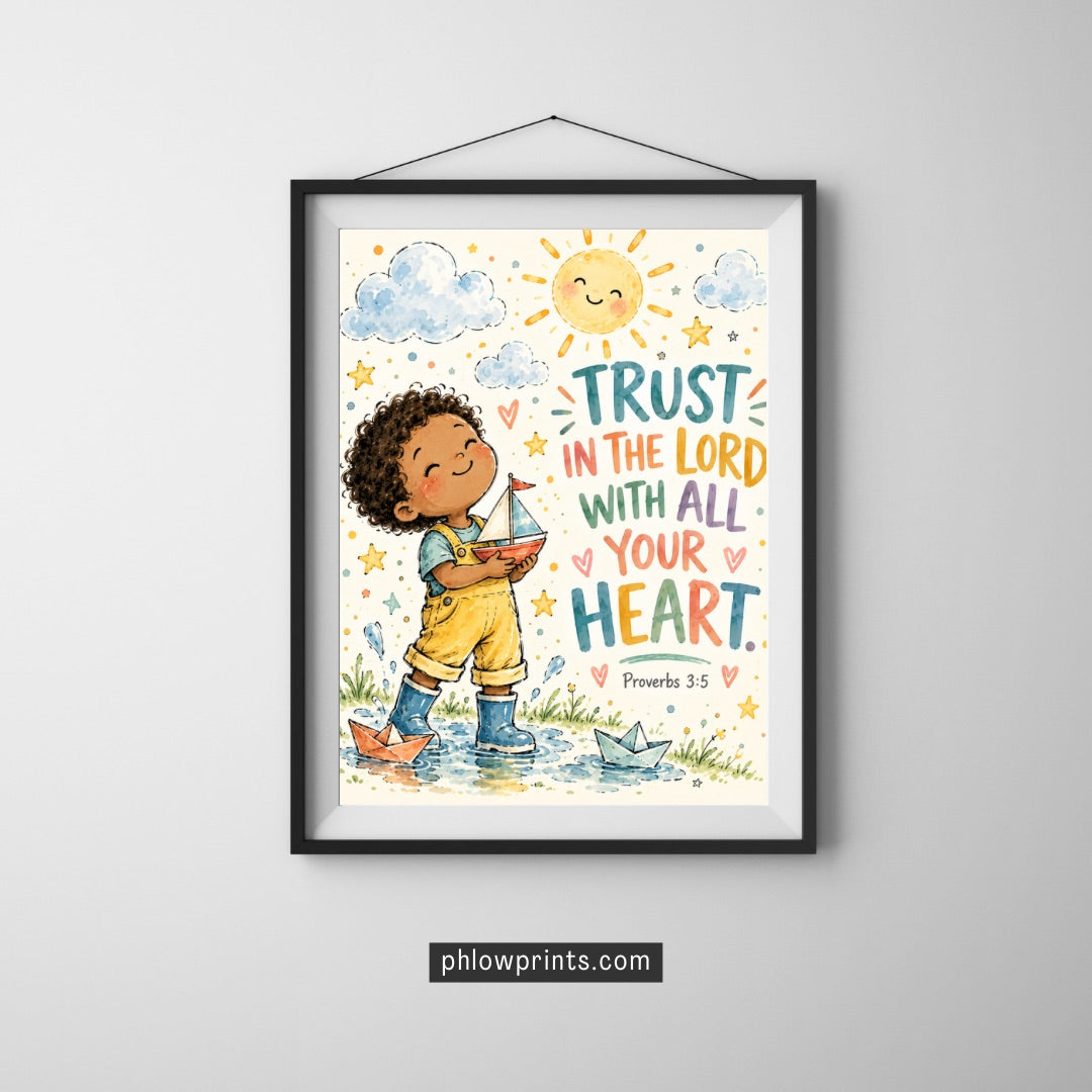 Proverbs 3:5 Kids Bible Verse Wall Art – Trust in the Lord Christian Nursery Print