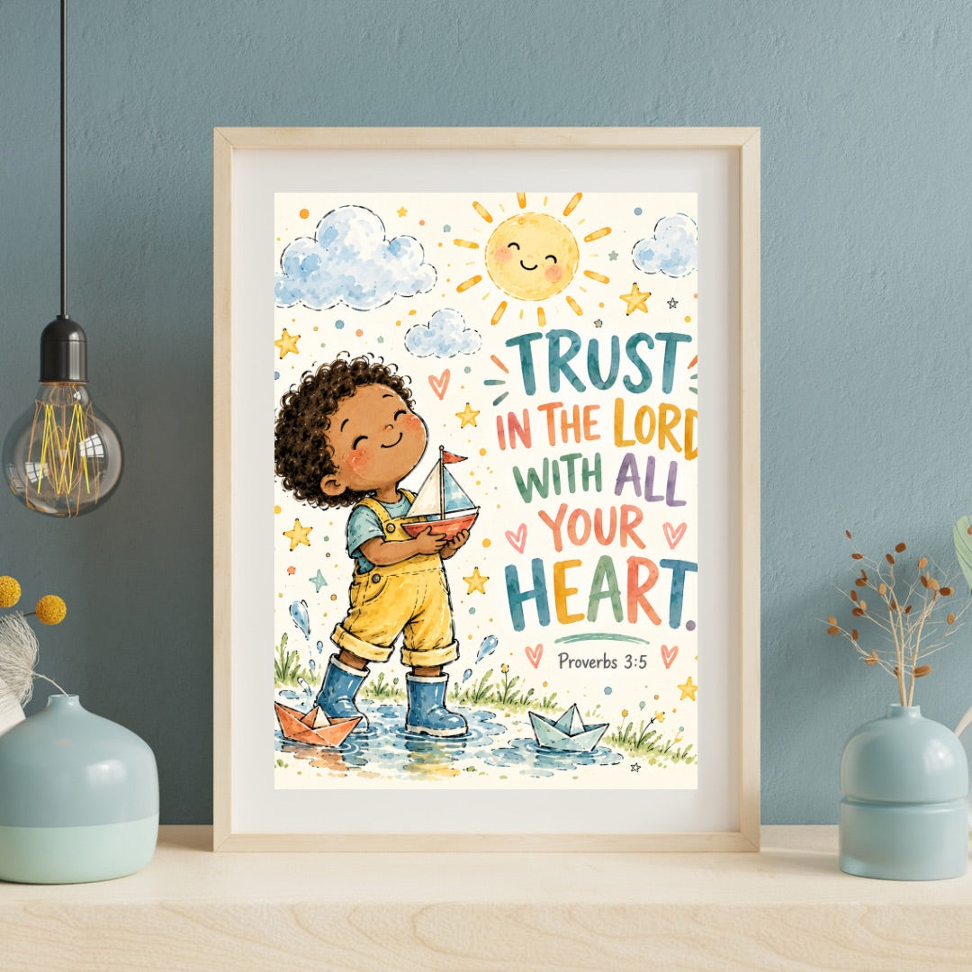 Proverbs 3:5 Kids Bible Verse Wall Art – Trust in the Lord Christian Nursery Print
