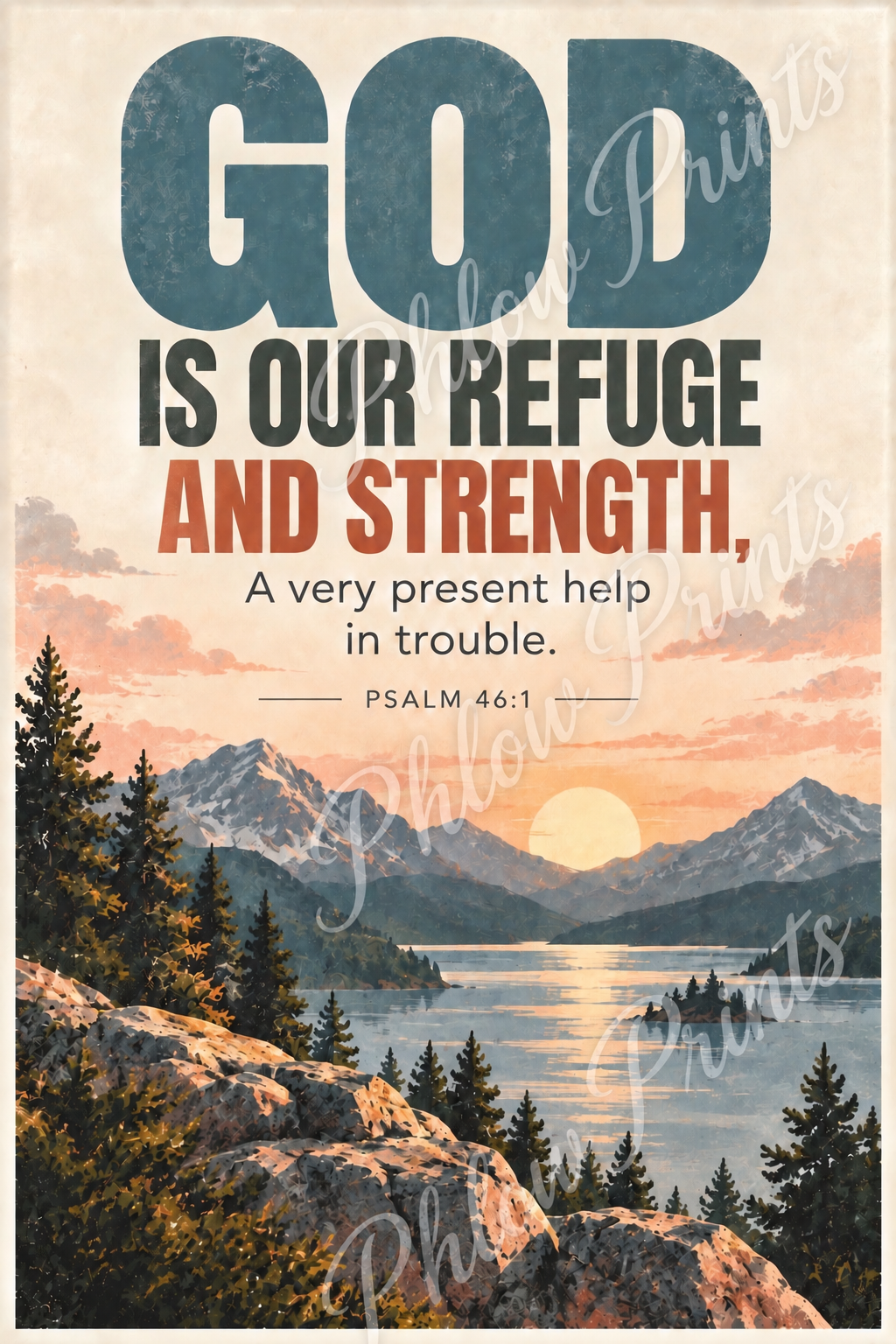 Psalm 46:1 Bible Verse Wall Art – God Is Our Refuge and Strength Christian Print