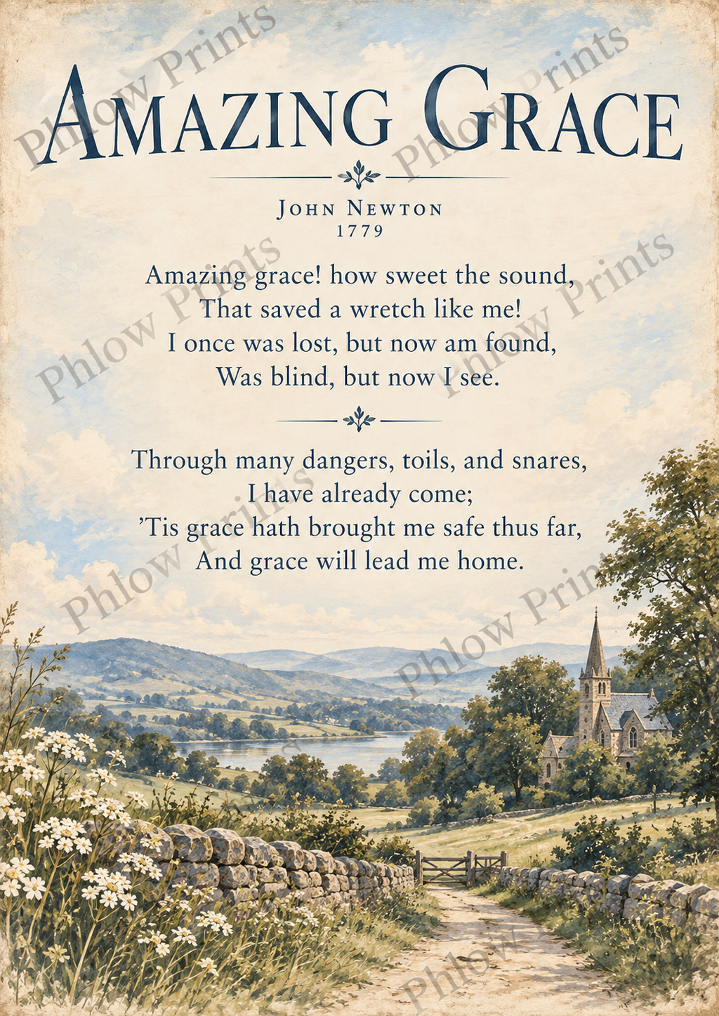 Amazing Grace Hymn Wall Art Print | John Newton Christian Wall Decor | Vintage Christian Hymn Poster