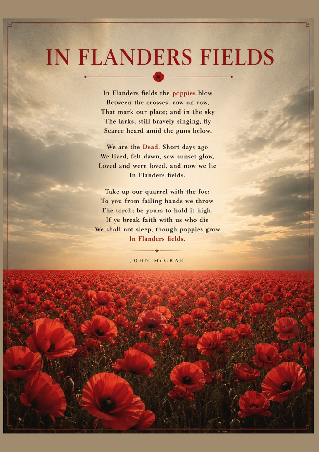In Flanders Fields Wall Art Print – John McCrae WWI Poem – Poppy Remembrance Poster