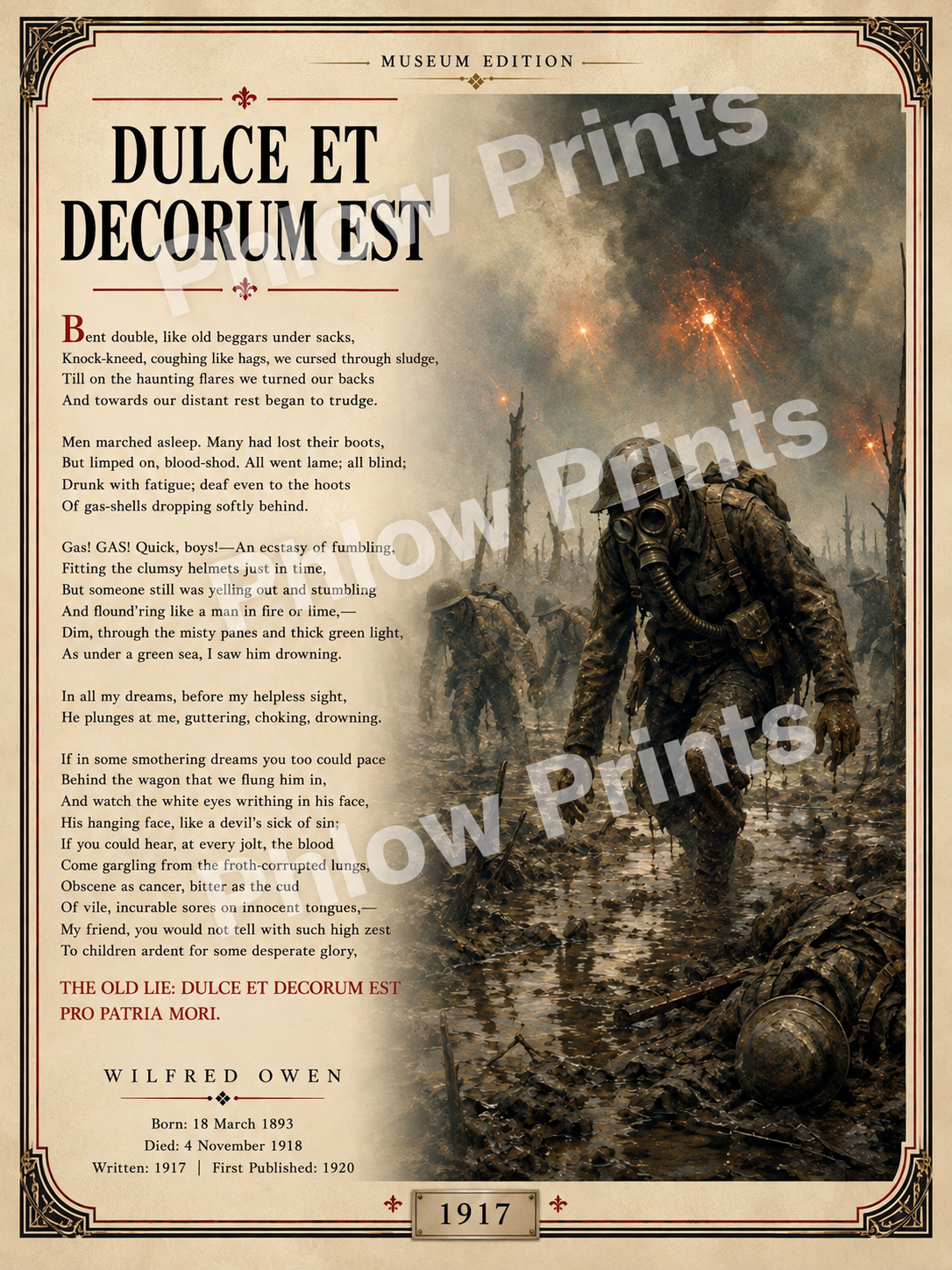 Dulce et Decorum Est by Wilfred Owen – WWI Poetry Wall Art – Museum Style War Poem Print