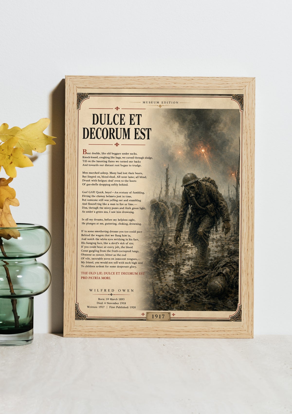 Dulce et Decorum Est by Wilfred Owen – WWI Poetry Wall Art – Museum Style War Poem Print