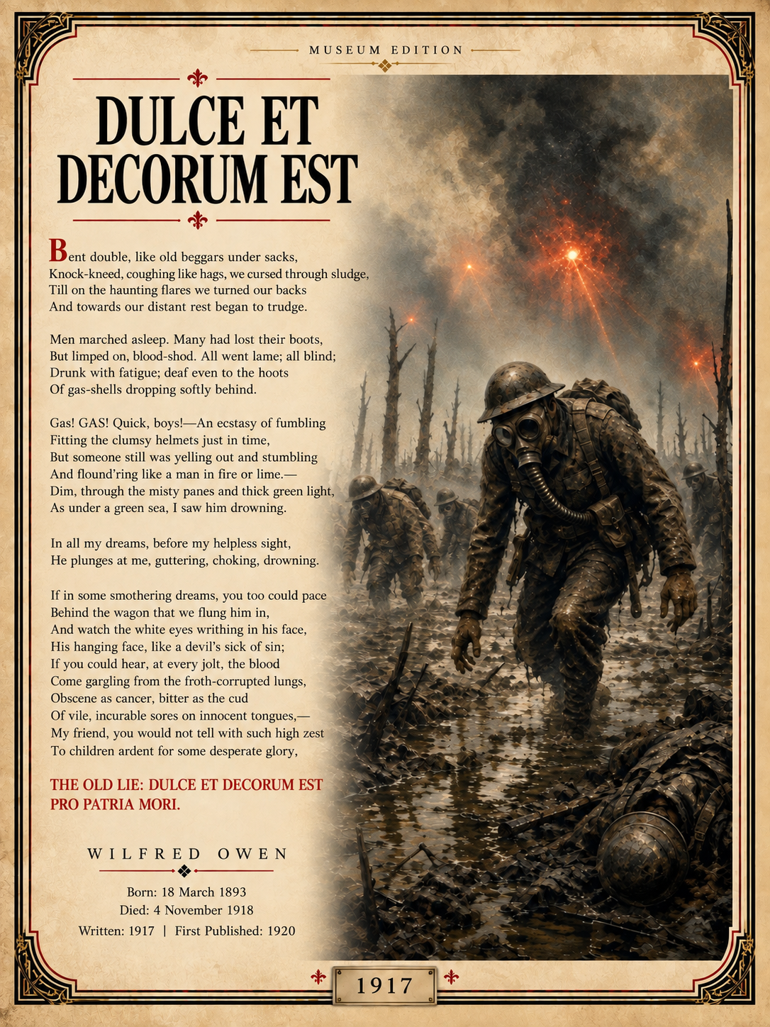 Dulce et Decorum Est by Wilfred Owen – WWI Poetry Wall Art – Museum Style War Poem Print