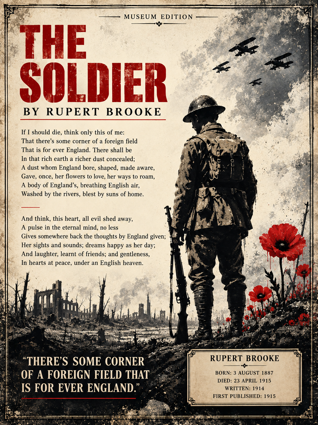The Soldier by Rupert Brooke Wall Art – WWI Poetry Print – Remembrance Poppy Poster