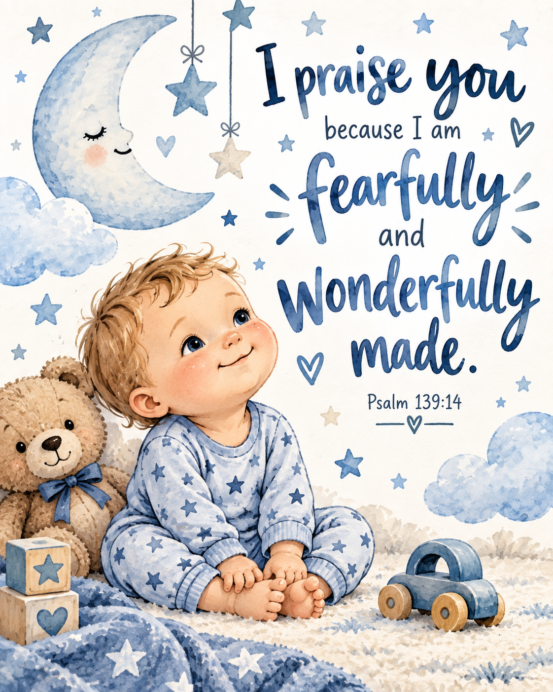 Psalm 139:14 Baby Boy Bible Verse Wall Art – Fearfully and Wonderfully Made Nursery Print