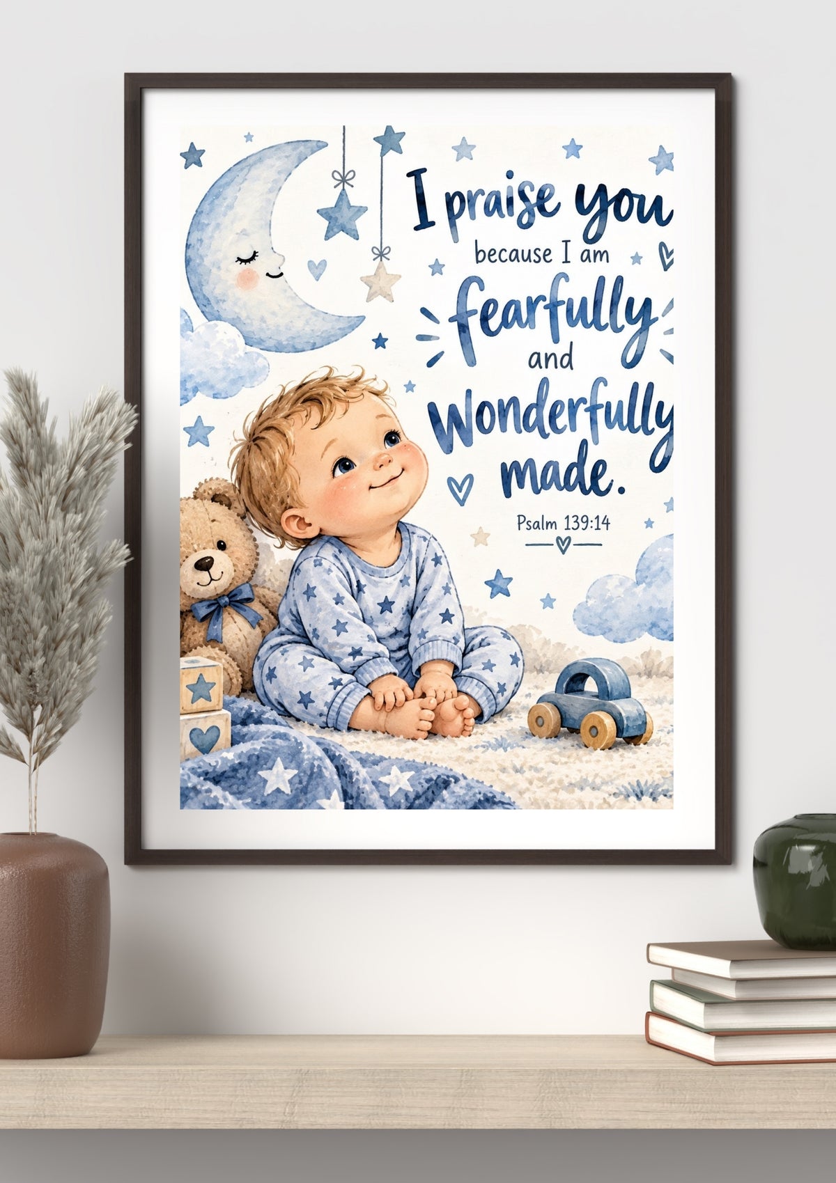 Psalm 139:14 Baby Boy Bible Verse Wall Art – Fearfully and Wonderfully Made Nursery Print