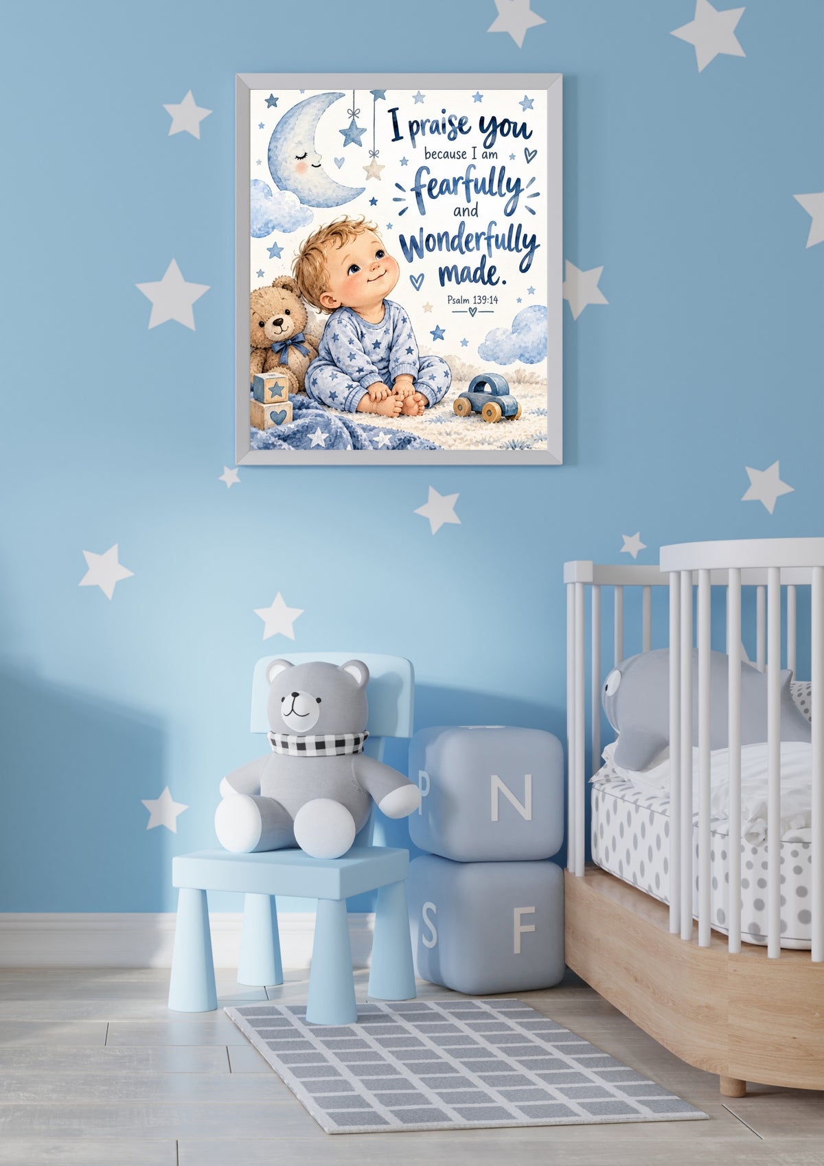 Psalm 139:14 Baby Boy Bible Verse Wall Art – Fearfully and Wonderfully Made Nursery Print
