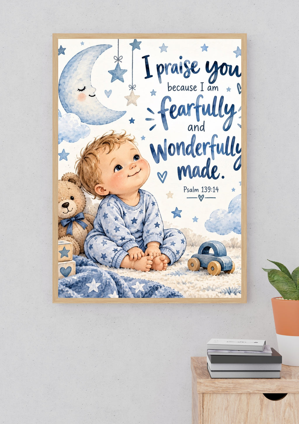 Psalm 139:14 Baby Boy Bible Verse Wall Art – Fearfully and Wonderfully Made Nursery Print