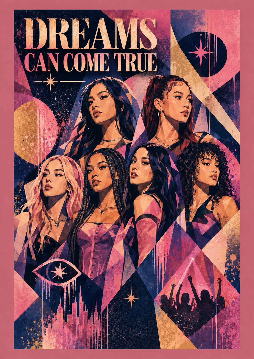     Girl group wall art pop music poster in bold pink and navy