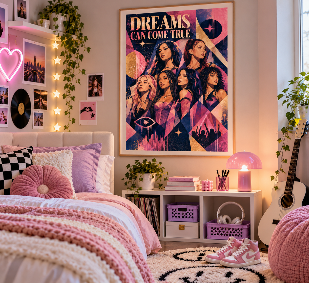     Girl group wall art shown as colourful pop music bedroom decor