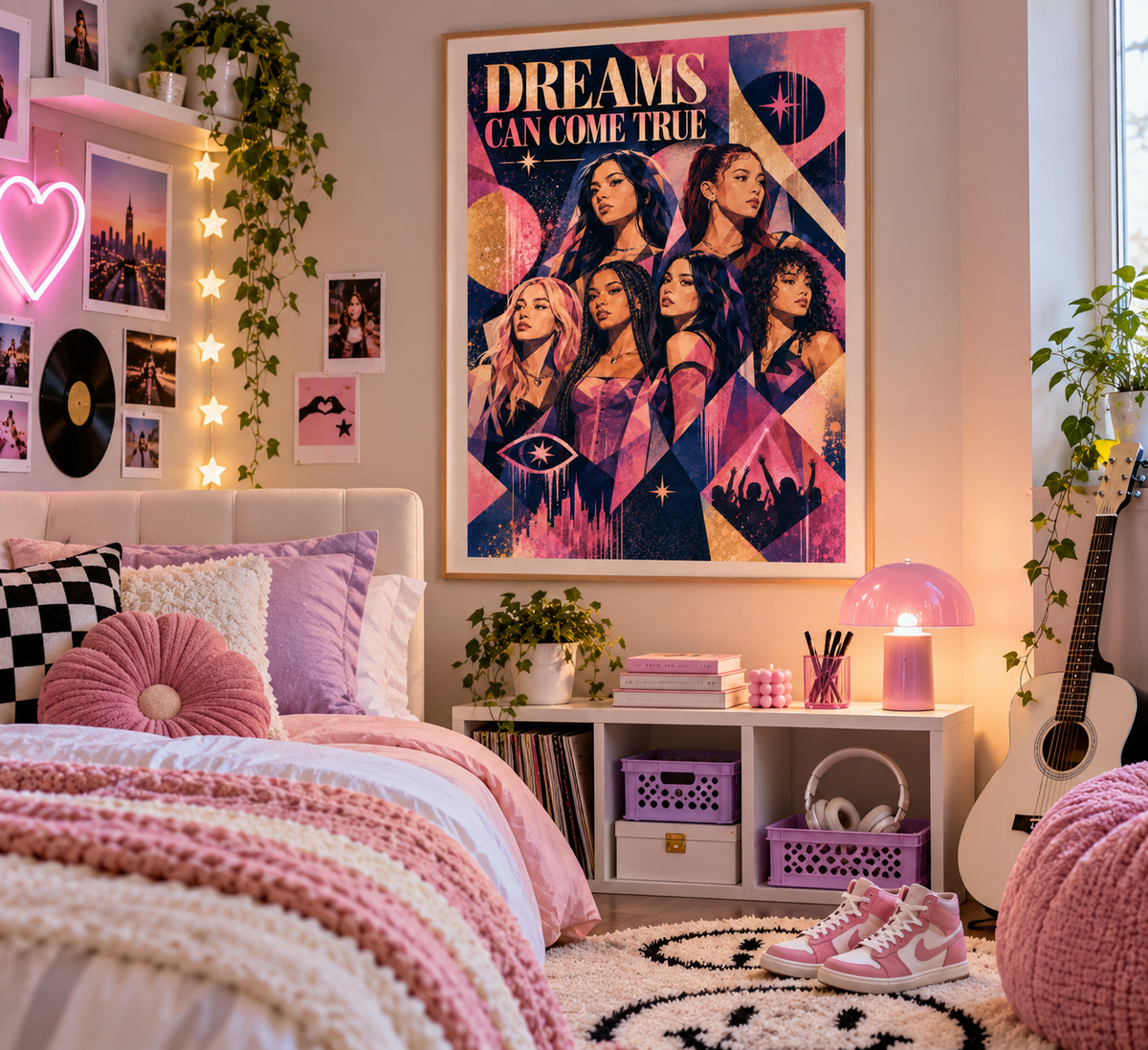     Girl group wall art shown as colourful pop music bedroom decor