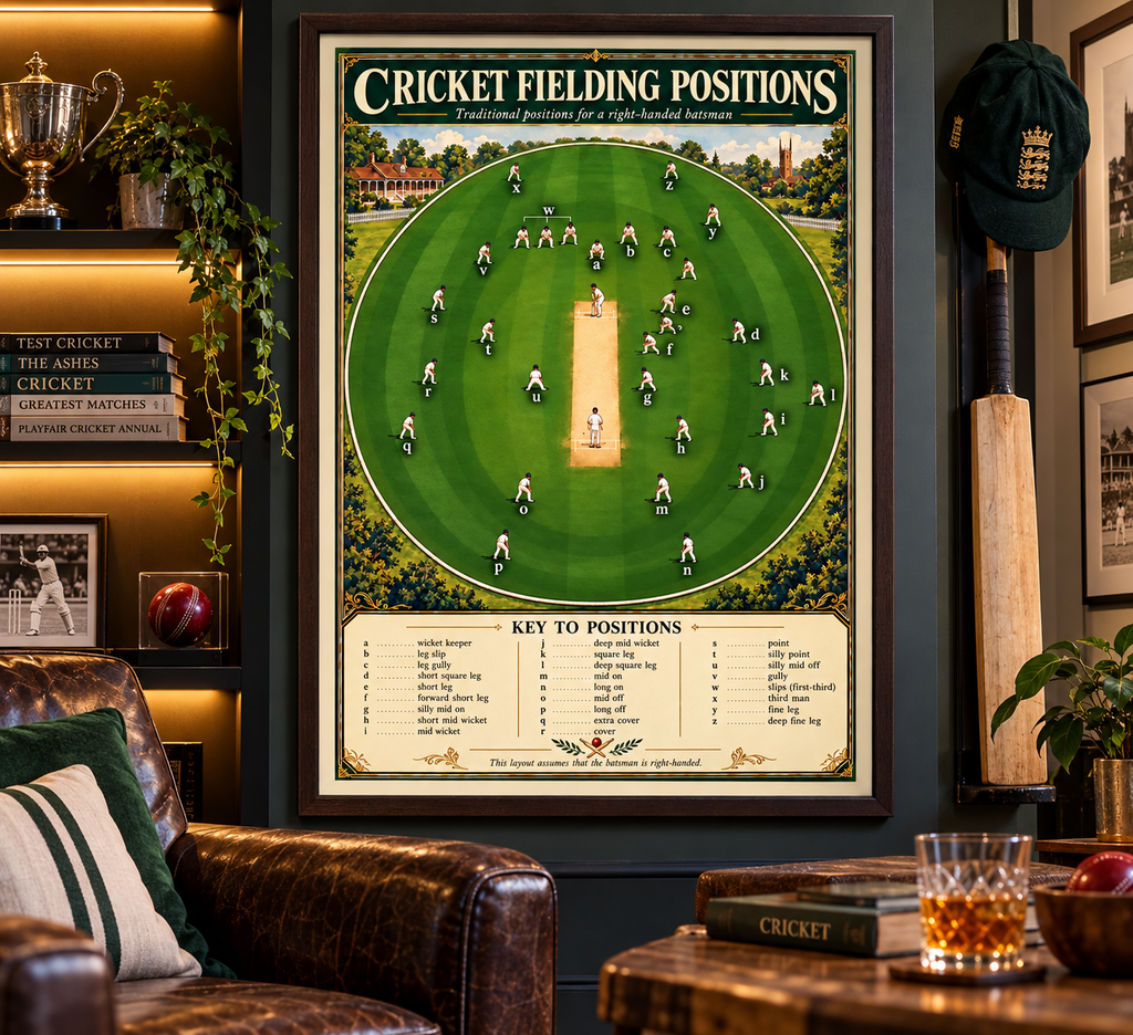 Cricket fielding positions poster displayed in a traditional clubhouse setting 