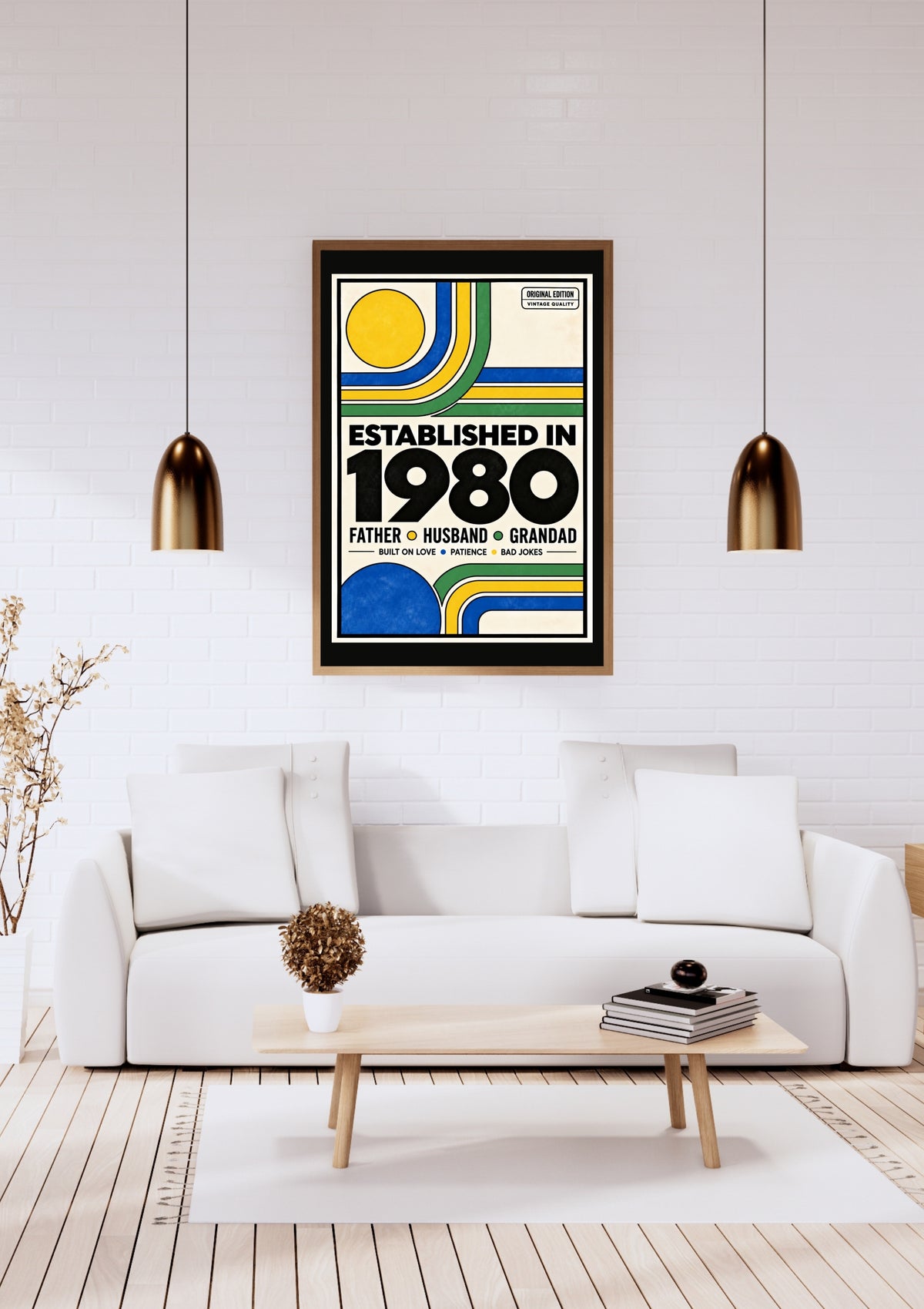     1980 birthday gift for dad shown in a modern room mockup
