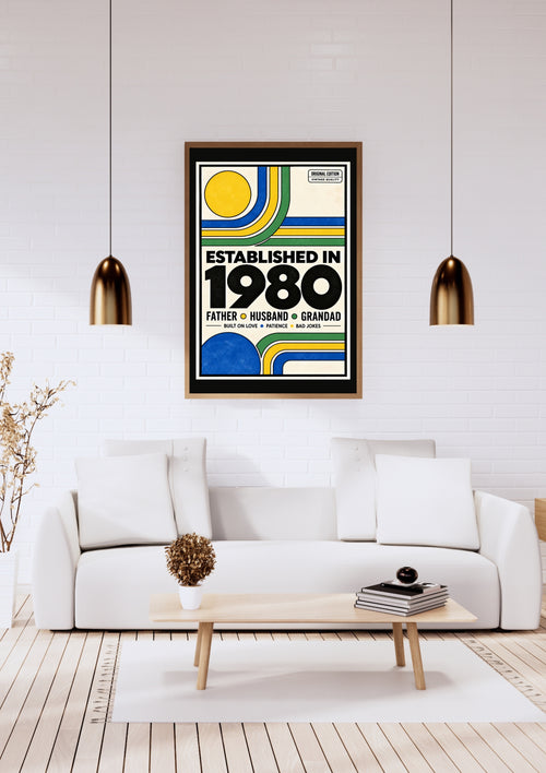     1980 birthday gift for dad shown in a modern room mockup